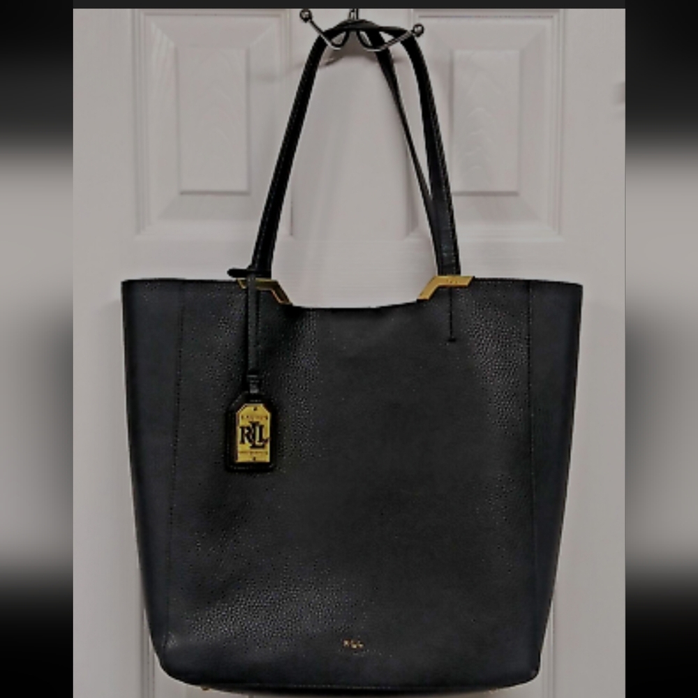 RALPH LAUREN PEBBLED LEATHER GOLD LINED LARGE TOTE EUC